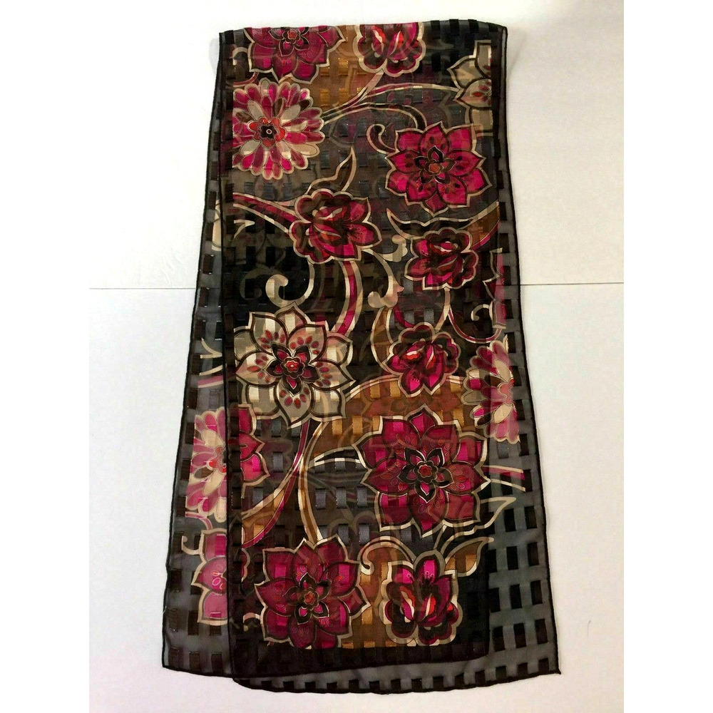 Elegant Gold Metallic Thread Pink Flowers on Black Shiny Floral Poly Scarf